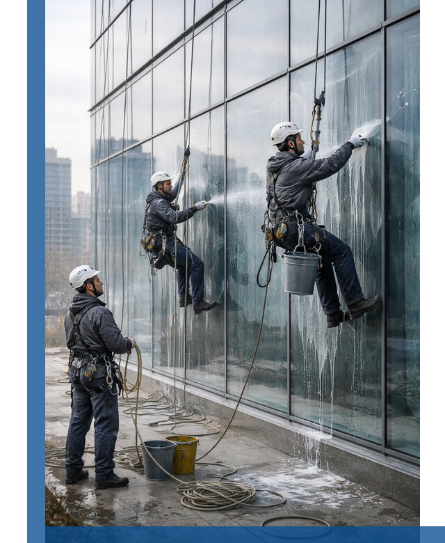 Промышленная мойка панорамных окон на высоте в Воскресенске