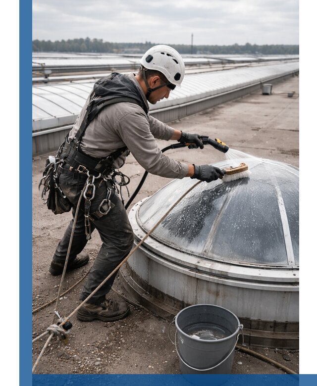 Мойка зенитных фонарей на кровле для промышленных объектов в Воскресенске