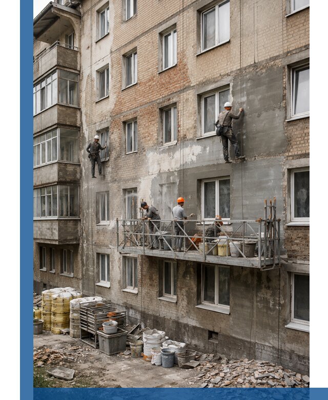 Капитальный ремонт фасада в Воскресенске с восстановлением и гидроизоляцией