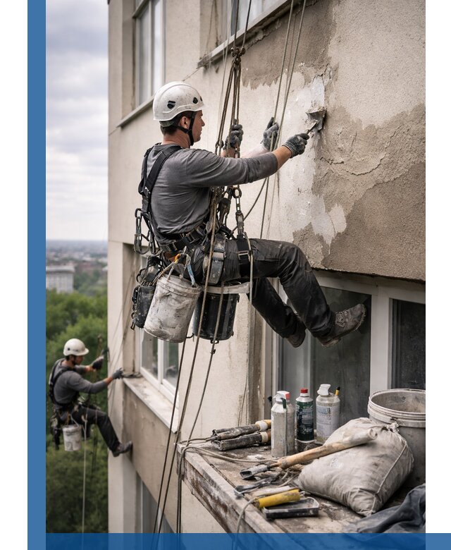 Косметический ремонт фасада зданий в Воскресенске промышленными альпинистами