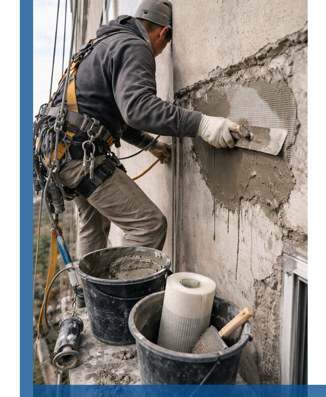 Ремонт бетонных элементов фасада промышленными альпинистами в Воскресенске