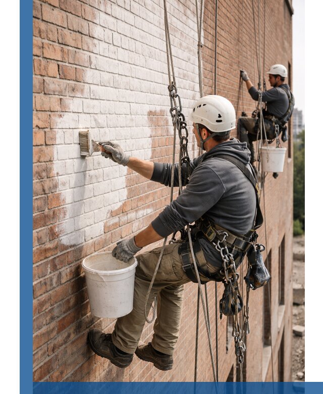 Покраска кирпичного фасада с доступным альпинистским сервисом в Воскресенске