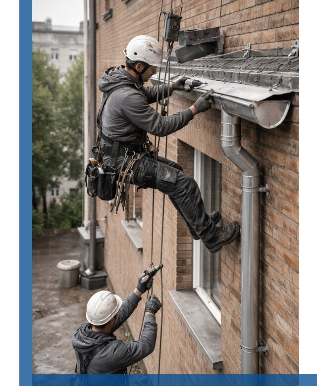 Монтаж водосточной системы на здании в Воскресенске под ключ