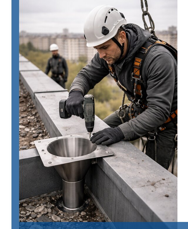 Монтаж водосточных воронок в Воскресенске для промышленных зданий