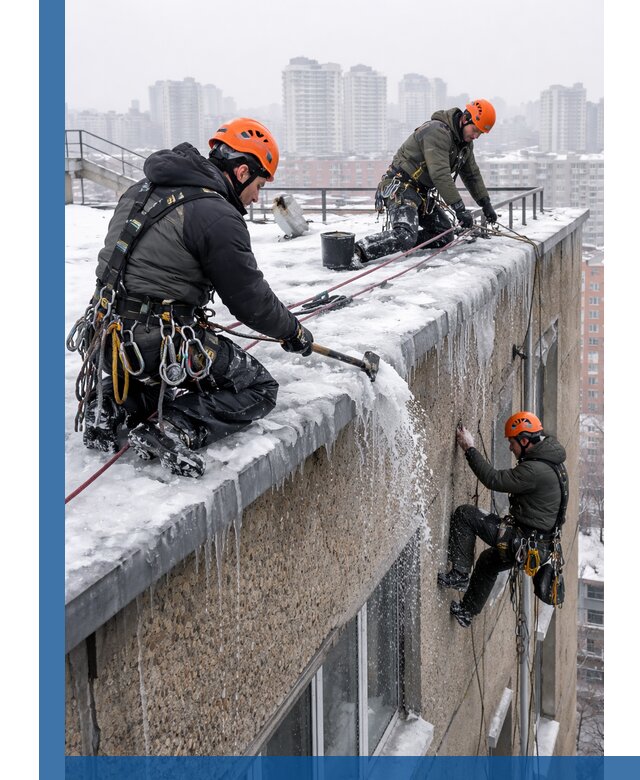 Удаление наледи с кровли в Воскресенске промышленными альпинистами