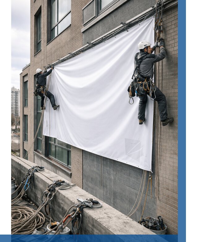 Монтаж баннеров на фасаде в Воскресенске от 672 р. заказать ВЫСОТНИК-Вск