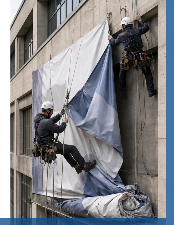 Демонтаж баннеров с фасада в Воскресенске от 4652 р. | ВЫСОТНИК-Вск