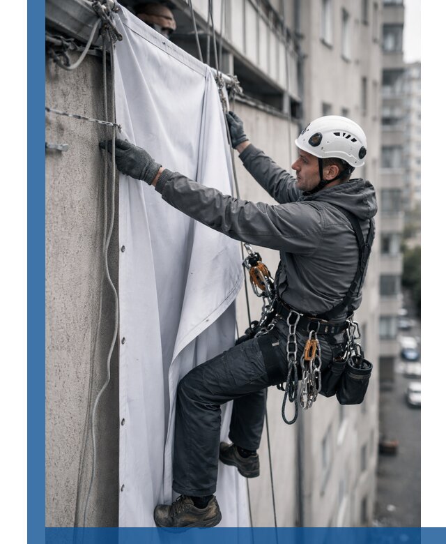 Замена баннерного полотна промышленными альпинистами в Воскресенске