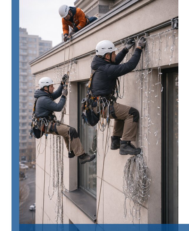 Монтаж праздничных гирлянд на фасаде в Воскресенске для зданий