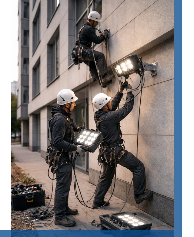 Монтаж прожекторов на фасаде в Воскресенске от 7754 р. | ВЫСОТНИК-Вск
