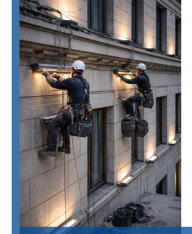 Монтаж архитектурной подсветки фасадов зданий в Воскресенске