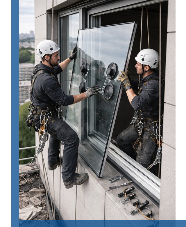 Замена стеклопакетов на высоте с промышленными альпинистами в Воскресенске