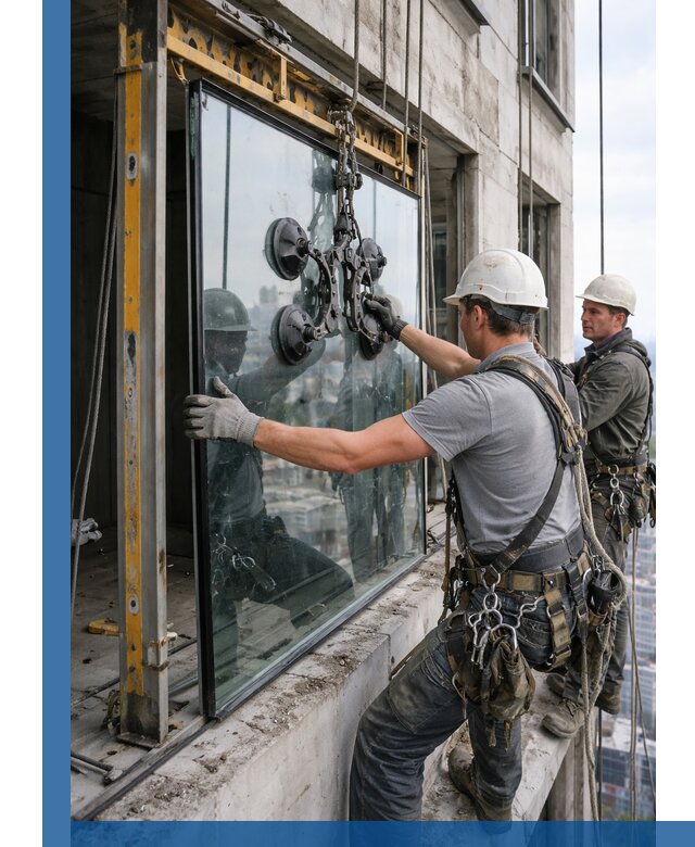 Монтаж стеклопакетов на высоте в Воскресенске с промышленным альпинизмом