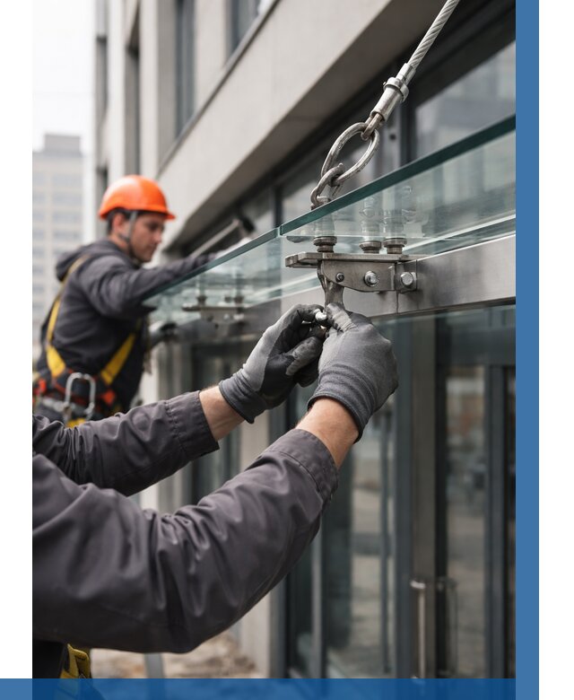 Монтаж стеклянных козырьков в Воскресенске от 8787 р. | ВЫСОТНИК-Вск