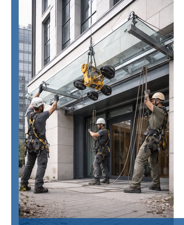 Монтаж стеклянных козырьков под ключ в Воскресенске для зданий