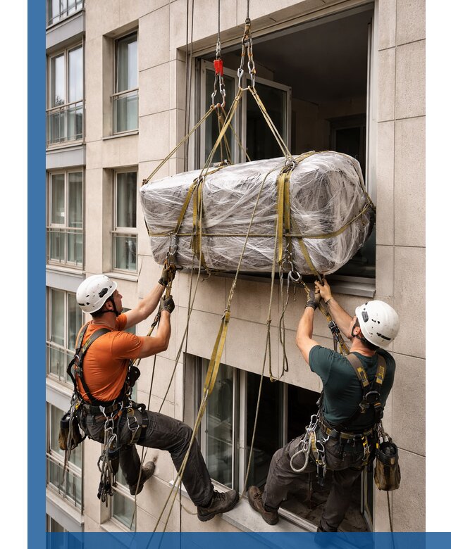 Подъем грузов через окно в Воскресенске промышленными альпинистами