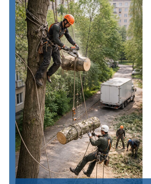 Спил деревьев альпинистами в Воскресенске, безопасно и без повреждений