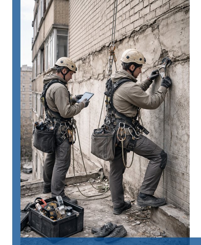 Обследование фасада промышленными альпинистами в Воскресенске